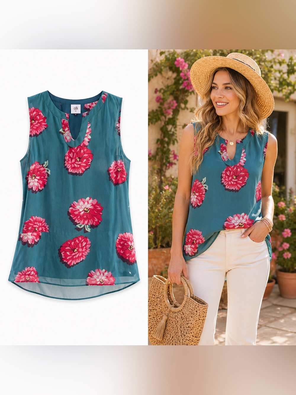 Cabi Floral Sleeveless Blouse Teal Pink Flower Top Size M Lightweight Summer